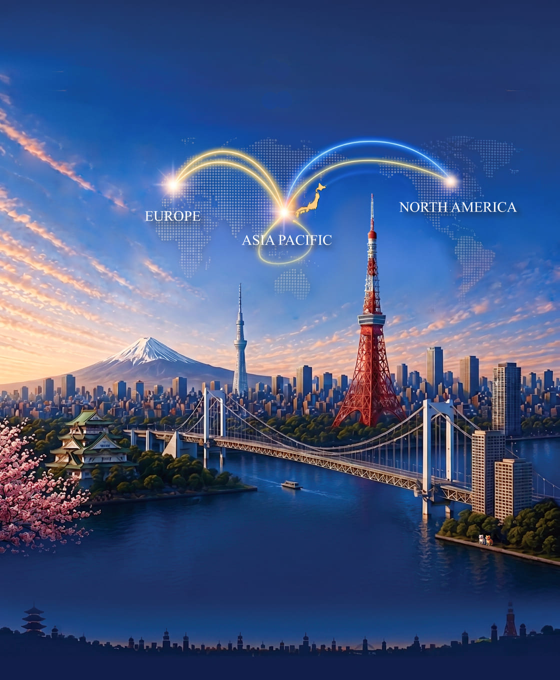 ヨーロッパ・アジア太平洋・北米を結ぶ東京の風景イラスト